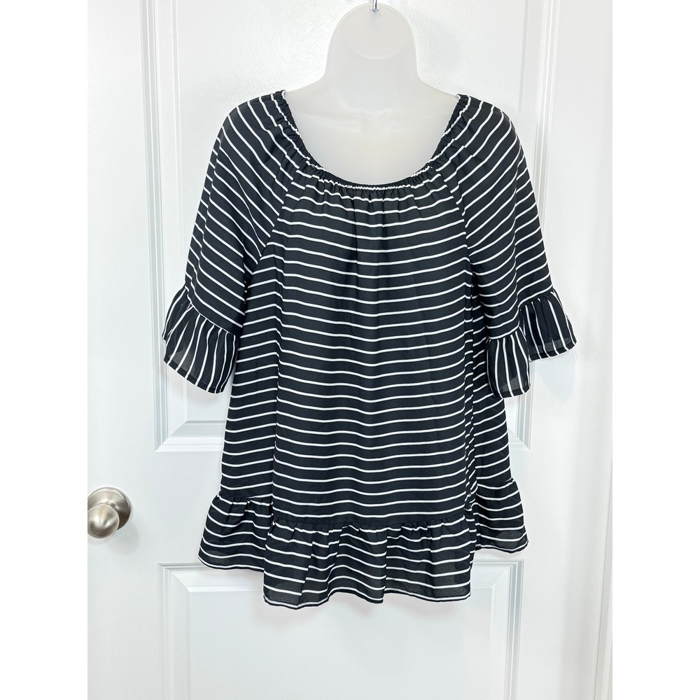 ELLE Black White Striped‎ Off Shoulder Ruffle Sleeve Blouse Top Women's Medium M